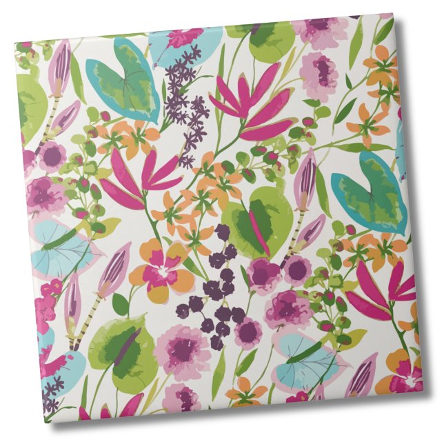 Elegant Floral Tropical Pattern Tile (Pink Blue Green Modern Vintage Floral Tropical Ceramic Tile)