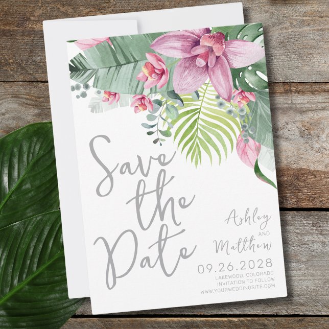 Elegant Floral Tropical Wedding Save The Date (Fun Modern Floral Palm Leaves Tropical Wedding Save The Date)