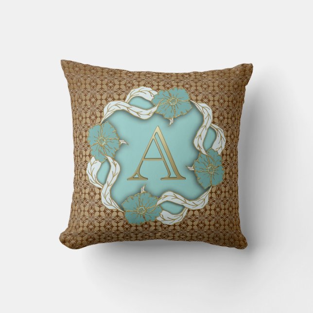 Elegant Floral Turquoise gold monogram letter A Cushion (Front)