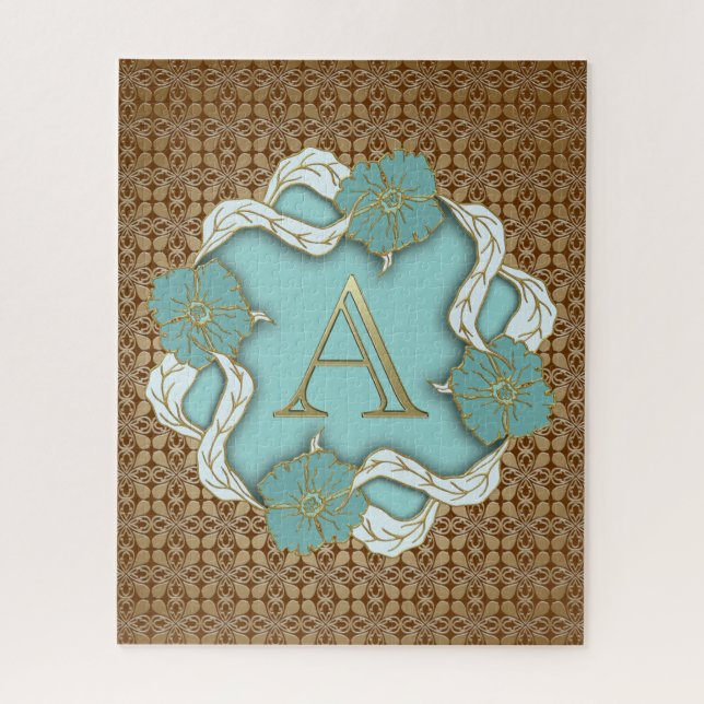 Elegant Floral Turquoise gold monogram letter A Jigsaw Puzzle (Vertical)