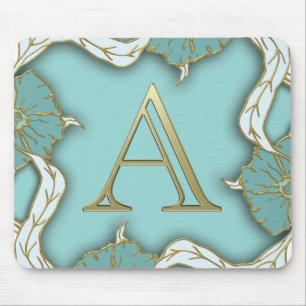 Elegant Floral Turquoise gold monogram letter A Mouse Pad