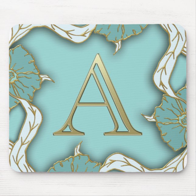 Elegant Floral Turquoise gold monogram letter A Mouse Pad (Front)