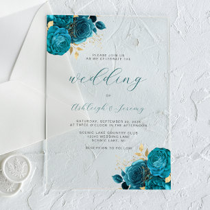Elegant Floral Turquoise Gold Script Wedding Acrylic Invitations