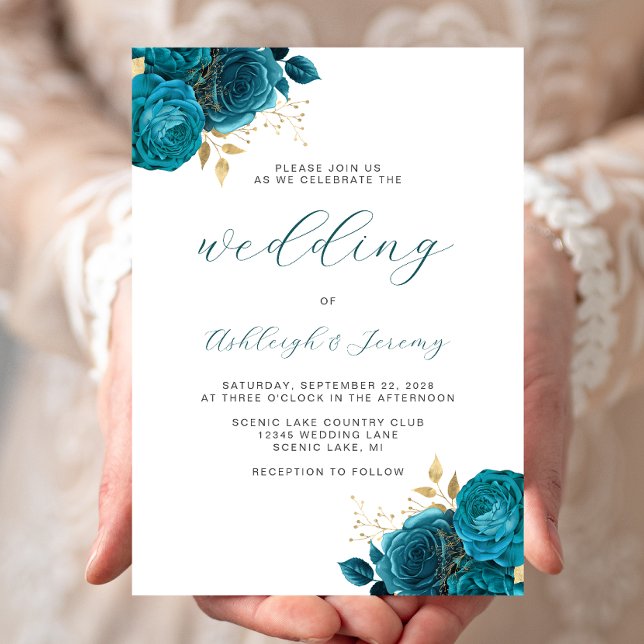Elegant Floral Turquoise Gold Script Wedding Invitation (Creator Uploaded)