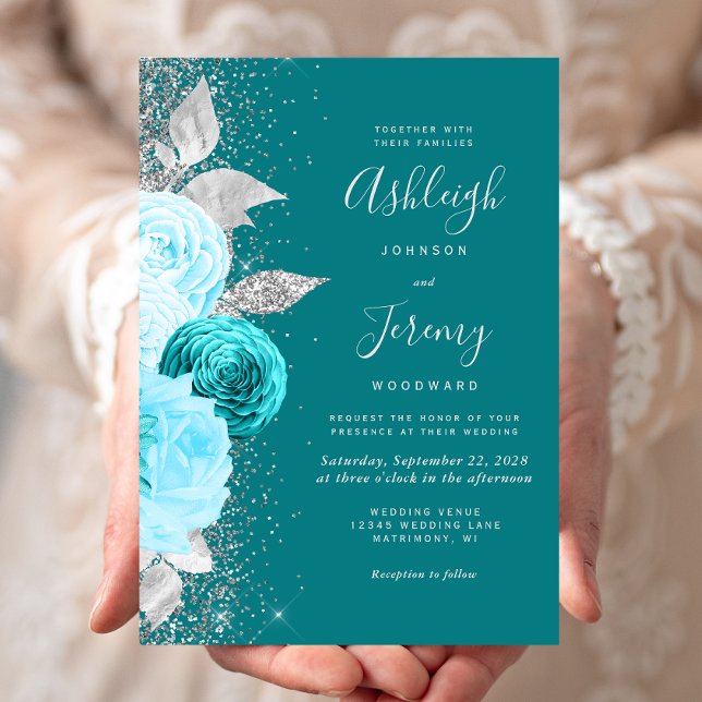 Elegant Floral Turquoise Silver Glitter Wedding Invitation (Creator Uploaded)