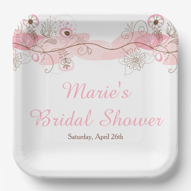 Elegant Floral Twist Bridal Shower in Pink Paper Plate (Front)