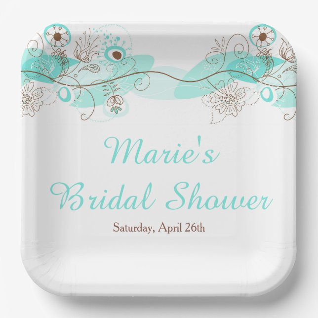 Elegant Floral Twist Bridal Shower in Turquoise Paper Plate (Front)