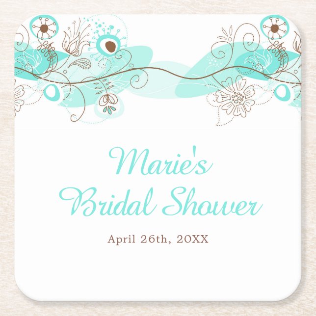 Elegant Floral Twist Bridal Shower in Turquoise Square Paper Coaster (Front)