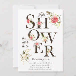 Elegant Floral Typography Coral Bridal Shower Invitation