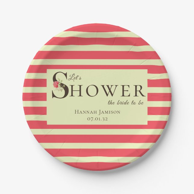 Elegant Floral Typography Coral Green Shower Paper Plate (Front)