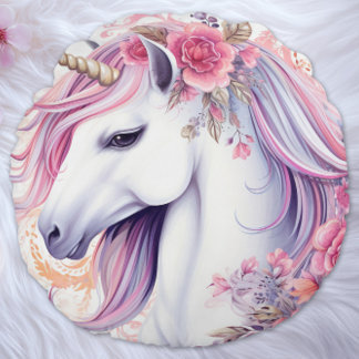 Elegant Floral Unicorn Magic Round Cushion