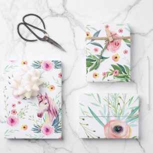 Elegant Floral Unicorn Wrapping Paper Sheet