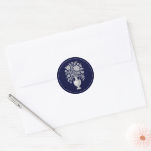 Elegant Floral Vase Navy Heritage Wedding Classic Round Sticker