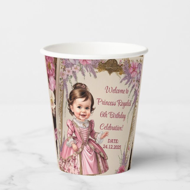 Elegant Floral Victorian Caricature 6th Birthday Paper Cups (Front)