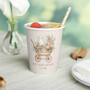 Elegant Floral Vintage Baby Carriage Baby Shower Paper Cups