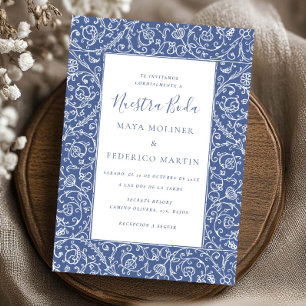 Elegant Floral Vintage Blue Nuestra Boda Wedding Invitation