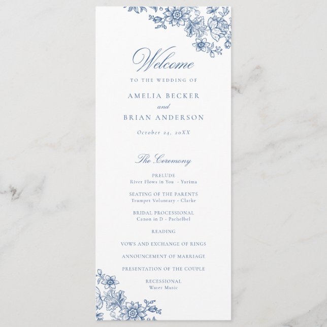 Elegant Floral Vintage Blue Wedding Program Programme (Front)