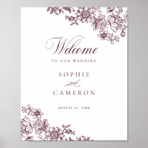Elegant Floral Vintage Burgundy Wedding Welcome Poster