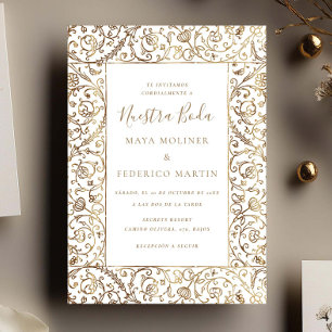 Elegant Floral Vintage Gold Nuestra Boda Wedding Invitation