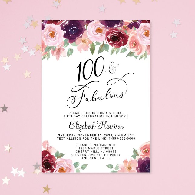 Elegant Floral Virtual 100th Birthday Party Invitation (Elegant Floral Virtual 100th Birthday Party Invitation)