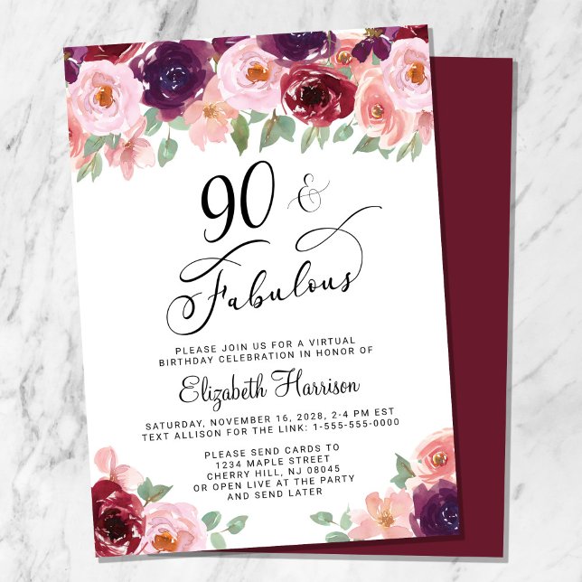 Elegant Floral Virtual 90th Birthday Party Invitation (Creator Uploaded)