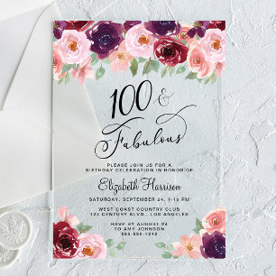 Elegant Floral Watercolor 100th Birthday Party Acrylic Invitations
