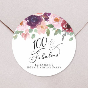 Elegant Floral Watercolor 100th Birthday Party Classic Round Sticker