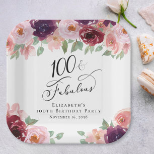 Elegant Floral Watercolor 100th Birthday Party Paper Plate