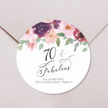 Elegant Floral Watercolor 70th Birthday Party Classic Round Sticker<br><div class="desc">Send out your seventieth birthday party invitations and correspondence sealed with these elegant and chic personalised stickers with "70 & Fabulous" written in a chic script and watercolor bouquets of burgundy red,  blush pink and plum purple florals with light sage greenery. Personalise with your name.</div>