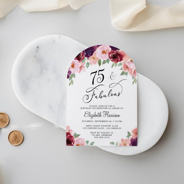 Elegant Floral Watercolor 75th Birthday Party Arch Invitation (Creator Uploaded)