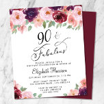 Elegant Floral Watercolor 90th Birthday Invitation<br><div class="desc">Elegant and budget-friendly 90th birthday party invitation that features "90 & Fabulous" in a stylish script and watercolor bouquets of burgundy red,  blush pink and purple florals.</div>