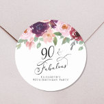 Elegant Floral Watercolor 90th Birthday Party Classic Round Sticker<br><div class="desc">Send out her ninetieth birthday party invitations and correspondence sealed with these elegant and chic personalised stickers featuring "90 & Fabulous" in a chic script and watercolor bouquets of burgundy red,  blush pink and purple florals with sage greenery. Personalise with your name.</div>