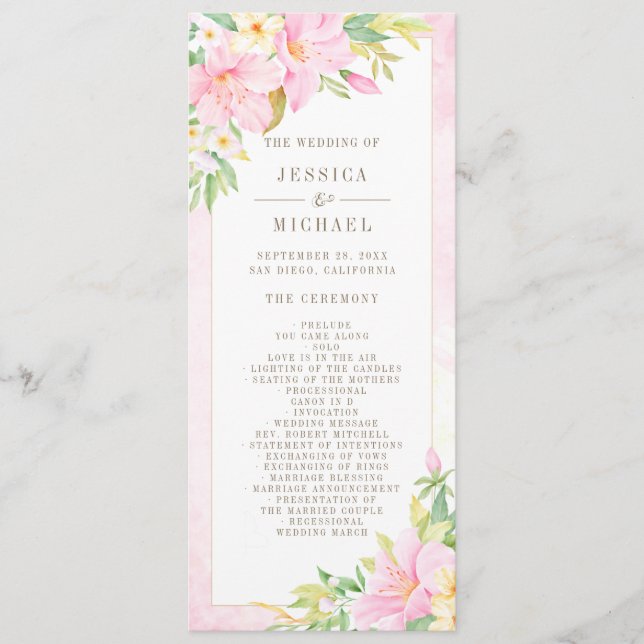 Elegant Floral Watercolor Botanical Pink Wedding Programme (Front)