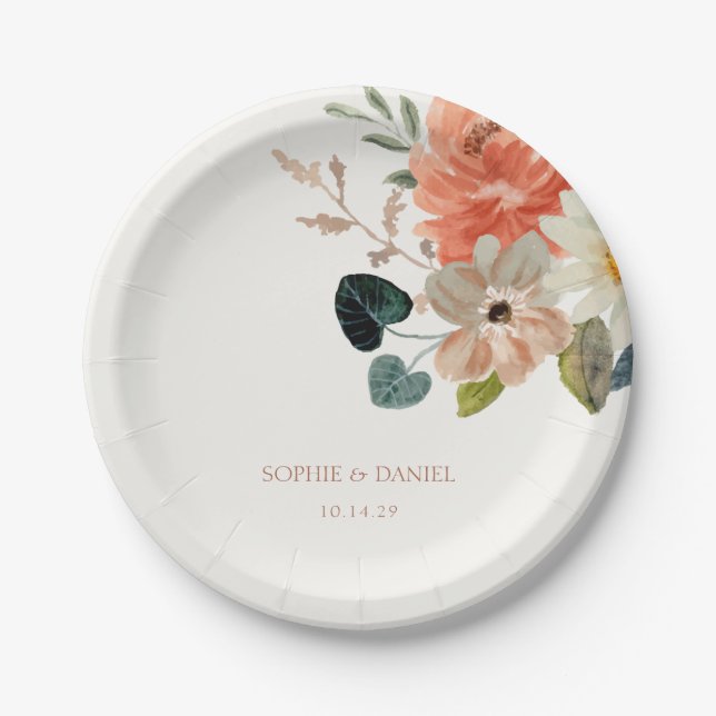 Elegant Floral Watercolor Couple Initials Wedding Paper Plate (Front)