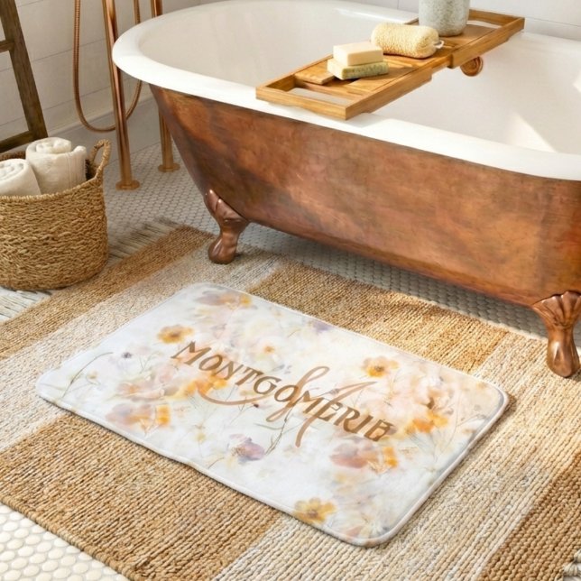 Elegant Floral Watercolor Custom Monogram Bath Mat (Creator Uploaded)