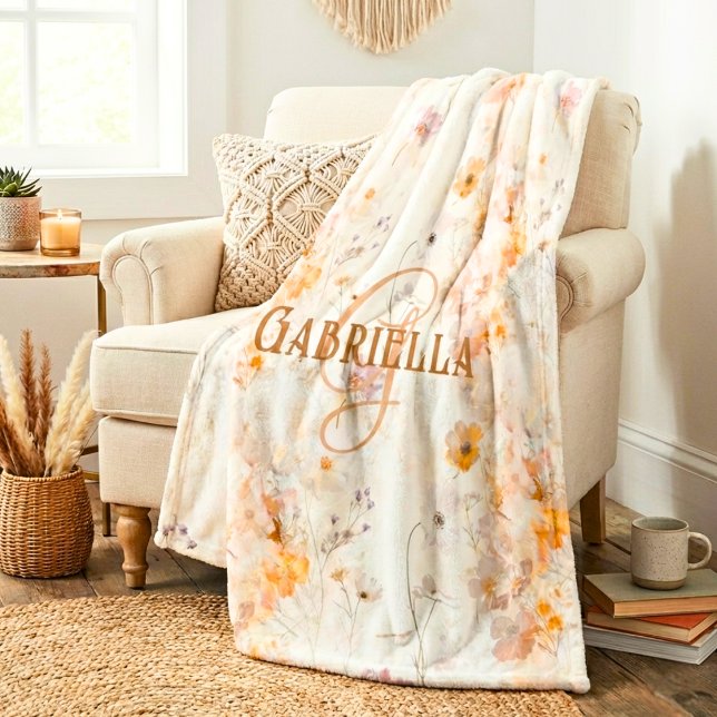 Elegant Floral Watercolor Custom Monogram Fleece Blanket (Creator Uploaded)