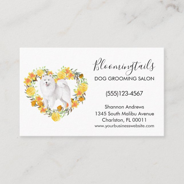 Elegant Floral Watercolor Dog Grooming Service Business Card (Front)