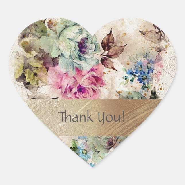 Elegant Floral Watercolor Gold Thank You Heart Sticker (Front)