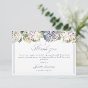 Elegant Floral watercolor hydrangea funeral Thank You Card