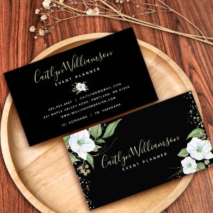 Elegant Floral Watercolor Modern Black Gold Script Business Card
