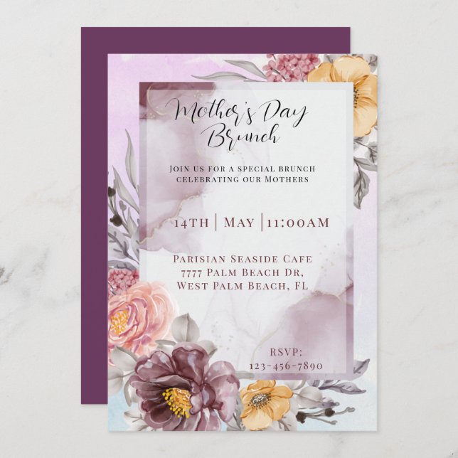 Elegant Floral Watercolor Mother's day Brunch  Invitation (Front/Back)