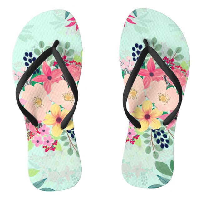 Elegant Floral Watercolor Paint Mint Girly Design Jandals (Footbed)