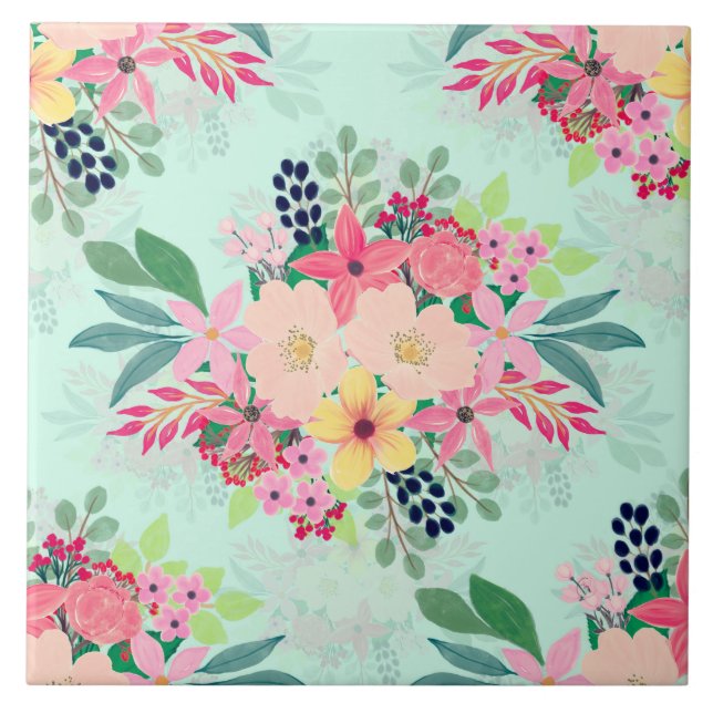 Elegant Floral Watercolor Paint Mint Girly Design Tile (Front)