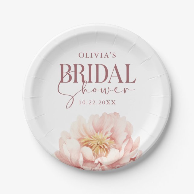 Elegant Floral Watercolor Peony Bridal Shower Paper Plate (Front)