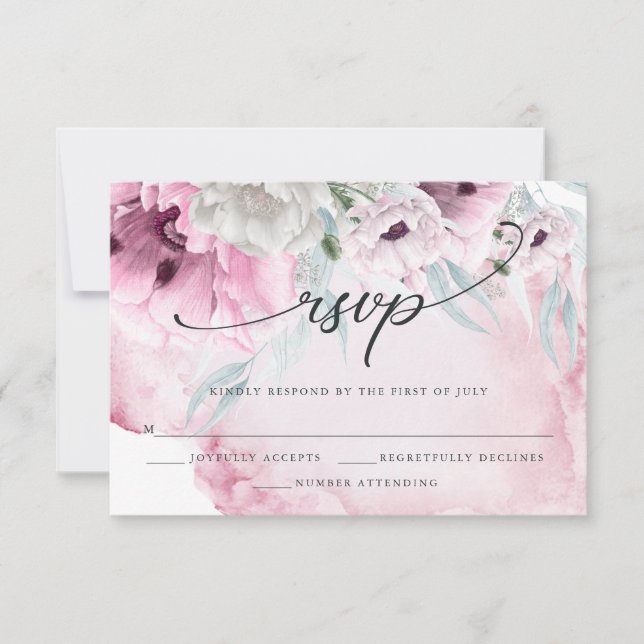 Elegant Floral Watercolor Pink Poppies RSVP Card (Front)