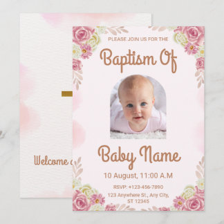 Elegant Floral Watercolor Pink Religious Baptism Invitation