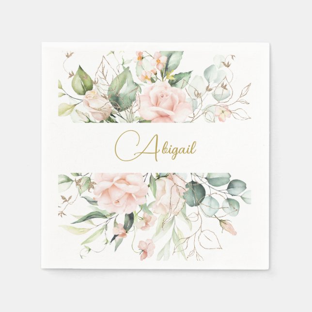Elegant Floral Watercolor Pink Roses Baby Naming  Napkin (Front)