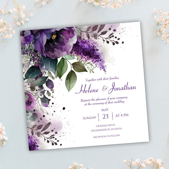 Elegant Floral Watercolor Purple Boho Wedding Invitation (Elegant Floral Watercolor Purple Boho Wedding Invitation)