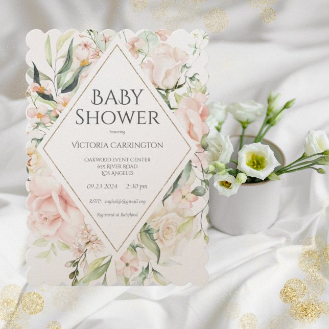 Elegant Floral Watercolor Scalloped Shimmer Baby Invitation (Creator Uploaded)