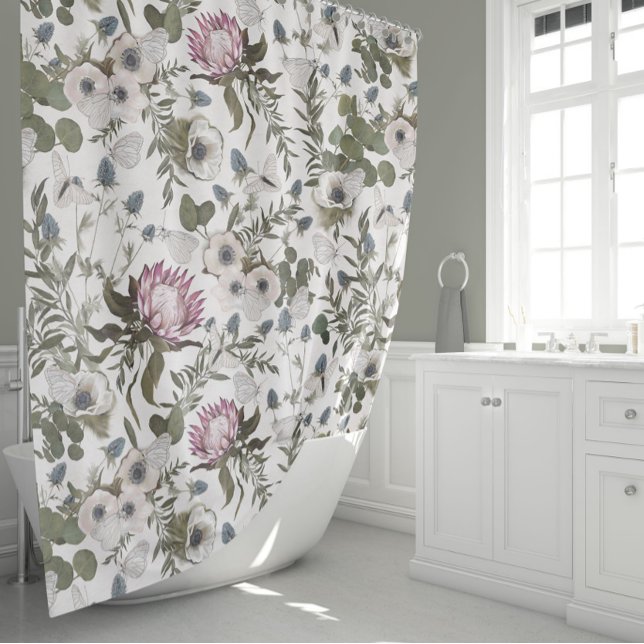 Elegant Floral Watercolor Shower Curtain (Romantic Floral Elegance Protea Anemones Thistles Shower Curtain from Studio Posies.)